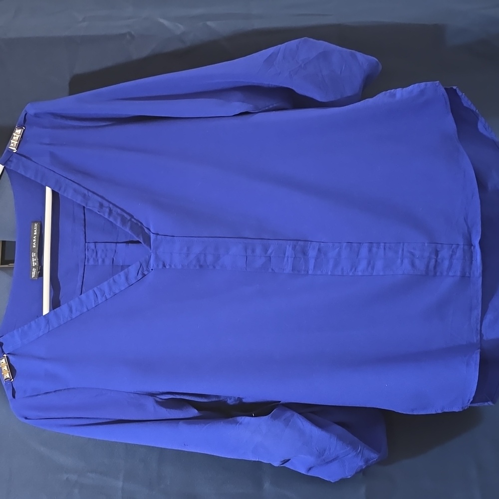Zara Basic Blue V-Neck Blouse with Gold Accents